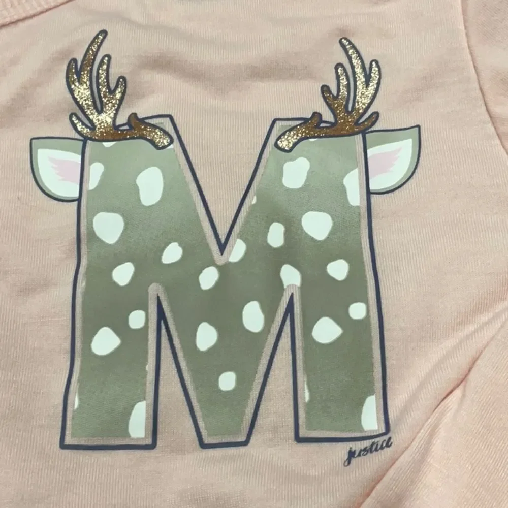 Justice 14/16 Letter M Pink and Gray Polka Dot Pajama Set - New
